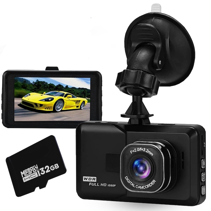 Camera Video De Bord Auto, Full HD, Filmare in Bucla, Night Vision, Vizibilitate 170°, Negru