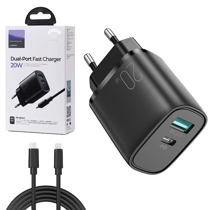 Set Incarcator iPhone cu Adaptor Fast-Charge 20W, Cablu de Date 1M USB-C -> tip Lightning, Compatibil cu Apple iPhone 14 / 14 Pro / 14 Pro Max / 13 / 13 Pro / 13 Pro Max / 12 / 12 Pro / 12 Pro Max, Negru