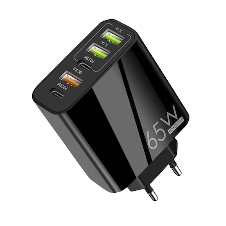 Incarcator Retea Fast Charge cu 5 Porturi, 3x USB, 2x Type-C, Compatibil iPhone, Samsung, Laptop, Negru