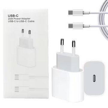 Set Incarcator iPhone cu Adaptor Fast-Charge 20W si Cablu de Date 1M USB-C -> USB-C, Compatibil cu Apple iPhone 15 / 15 Pro / 15 Pro Max, Alb