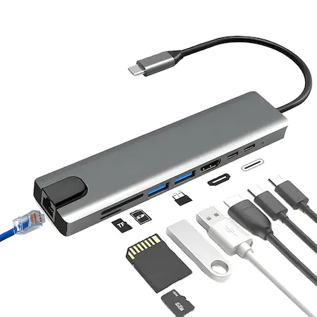 Hub USB Adaptor Tip C, 8 Porturi, USB 3.0, Mufa Internet, 1000 Mbps, Compatibil Macbook, Universal, Argintiu