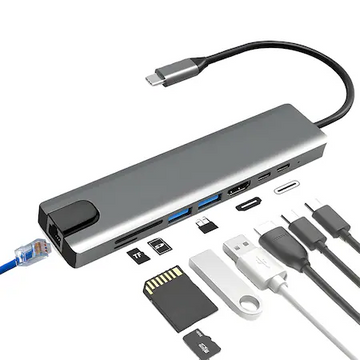 Hub USB Adaptor Tip C, 8 Porturi, USB 3.0, Mufa Internet, 1000 Mbps, Compatibil Macbook, Universal, Argintiu