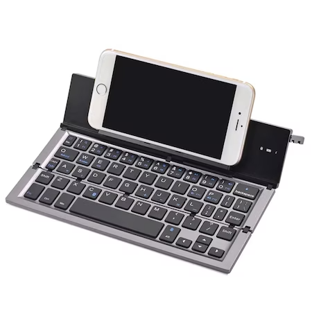 Mini Tastatura Portabila, Pliabila, cu Suport pentru Tablete si Telefoane, conectivitate Bluetooth, Conexiune Simultana pe 2 Dispozitive, Compatibila cu Android / iOS / Windows din aliaj de aluminiu, Design Minimalist, Gri