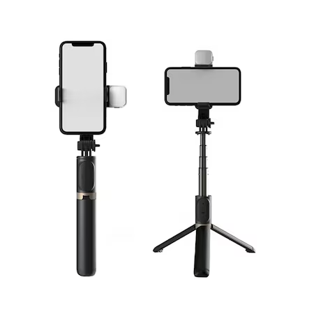 Selfie Stick cu Trepied Telescopic Profesional si Lumina LED, pentru telefon, cu telecomanda Bluetooth, inaltime 20-76cm cu tija din aluminiu, Negru